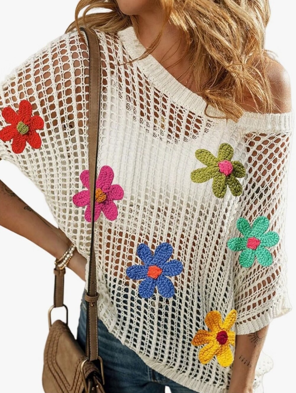 Boho Floral Crochet White Open-Knit Sweater
